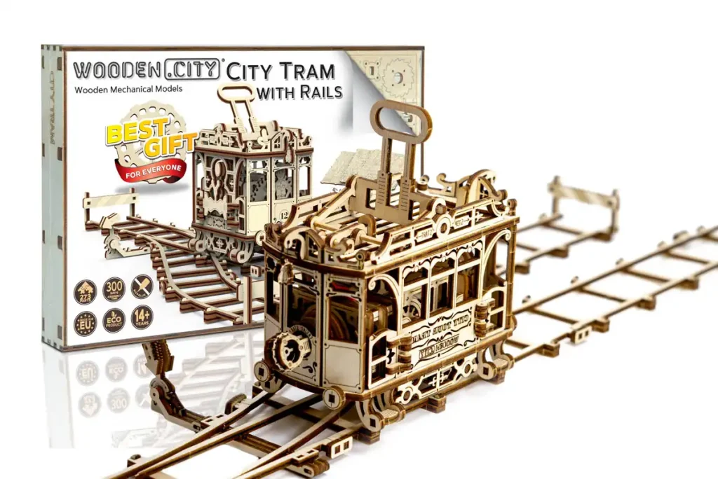 Wooden Puzzle 3D Train City Tram with Rails Opis 7
