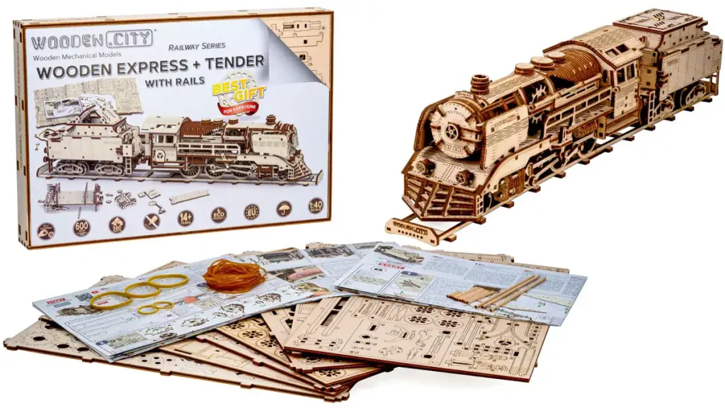 Wooden Puzzle 3D Train Wooden Express + Tender with Rails Opis 2