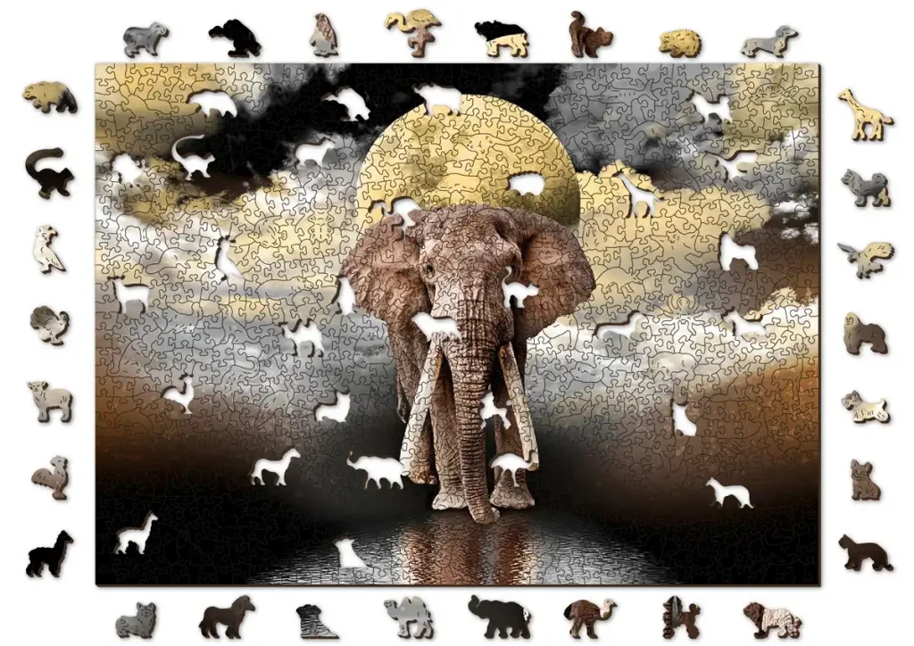 Drewniane puzzle w kształcie zwierząt 1000 Słoń Ze Snu Opis 8