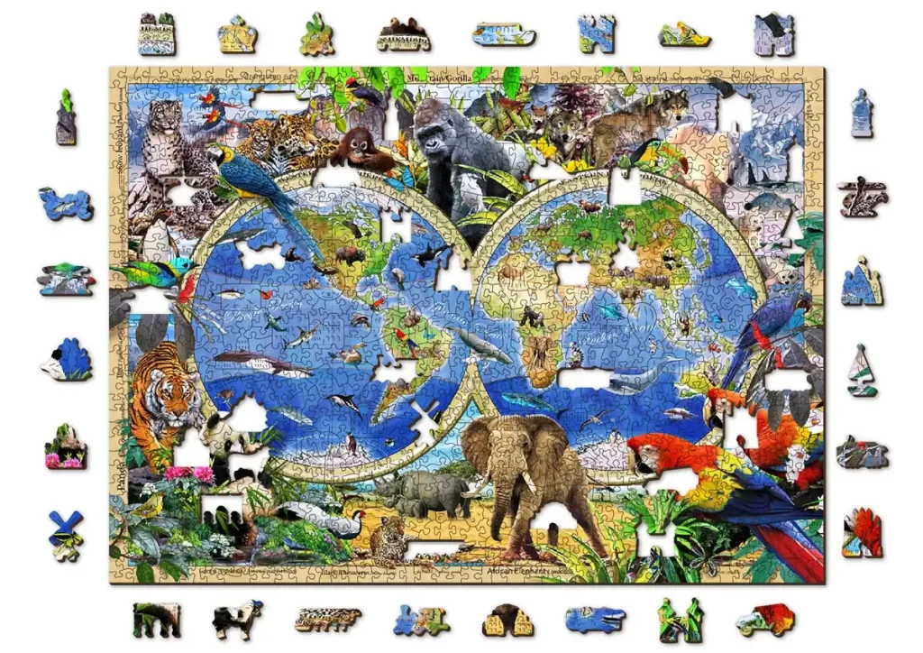 Drewniane puzzle w kształcie zwierząt 1000 Zwierzęta Świata Mapa Opis 8