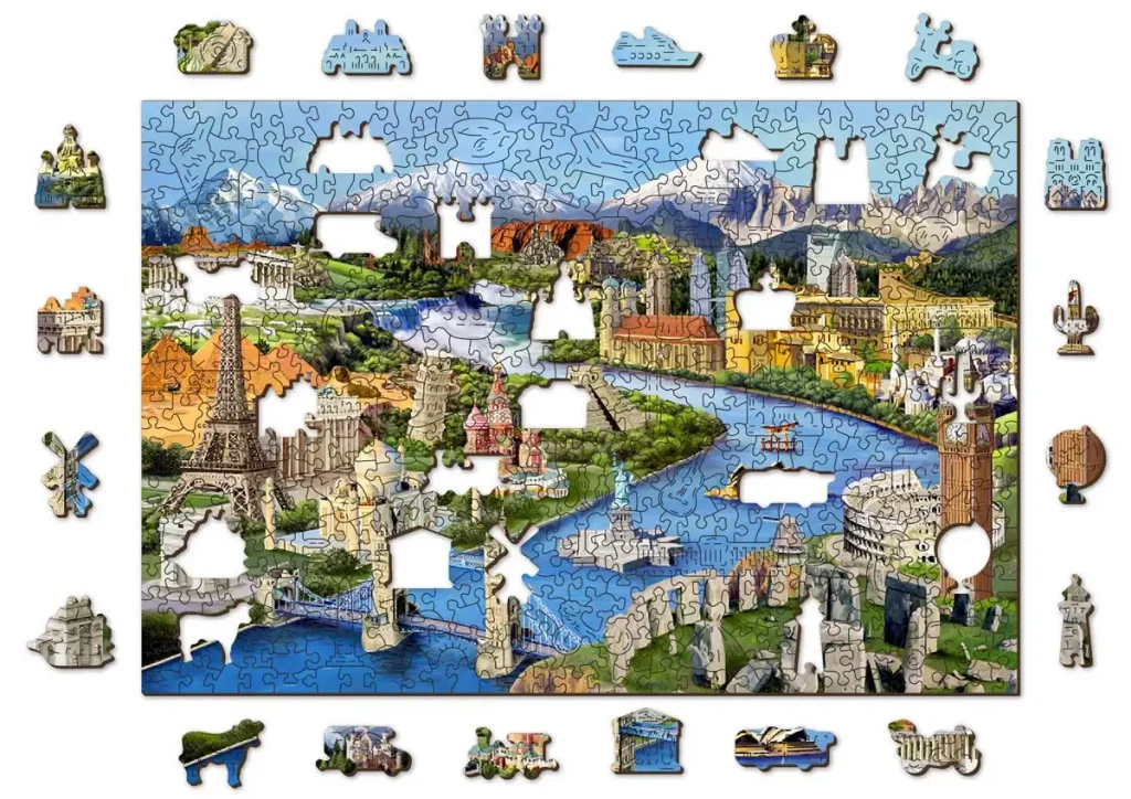 Puzzle World map with monuments, 150 pieces