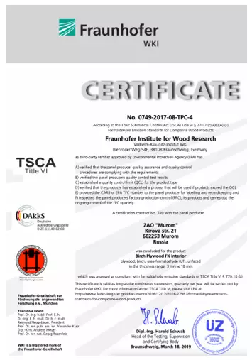 Institute for Wood Research – TSCA certificate
