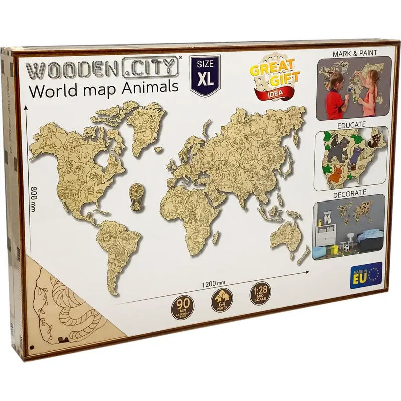 Wooden Map Puzzle 3D World World Map Animals XL 3