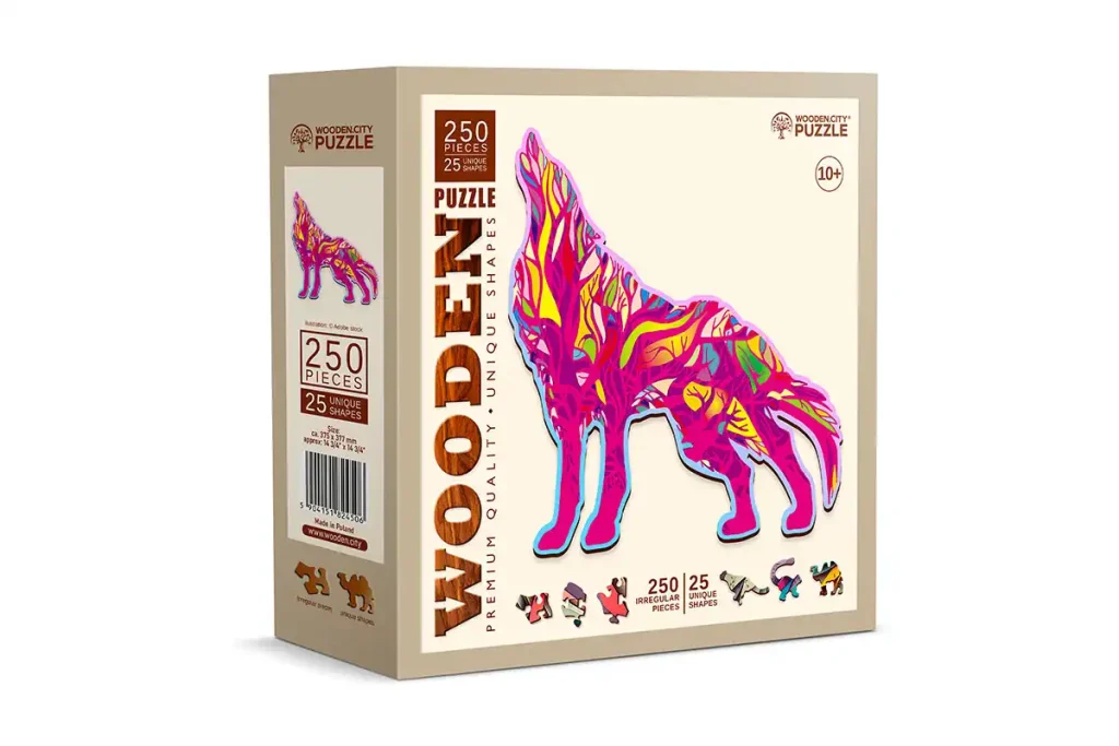 Drewniane puzzle w kształcie zwierząt 250 Wilk Wyjący opis 1