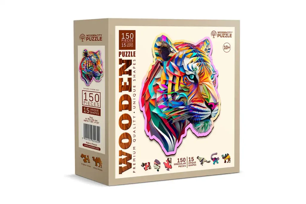 Drewniane puzzle w kształcie zwierząt 150 Kolorowy Tygrys opis 2