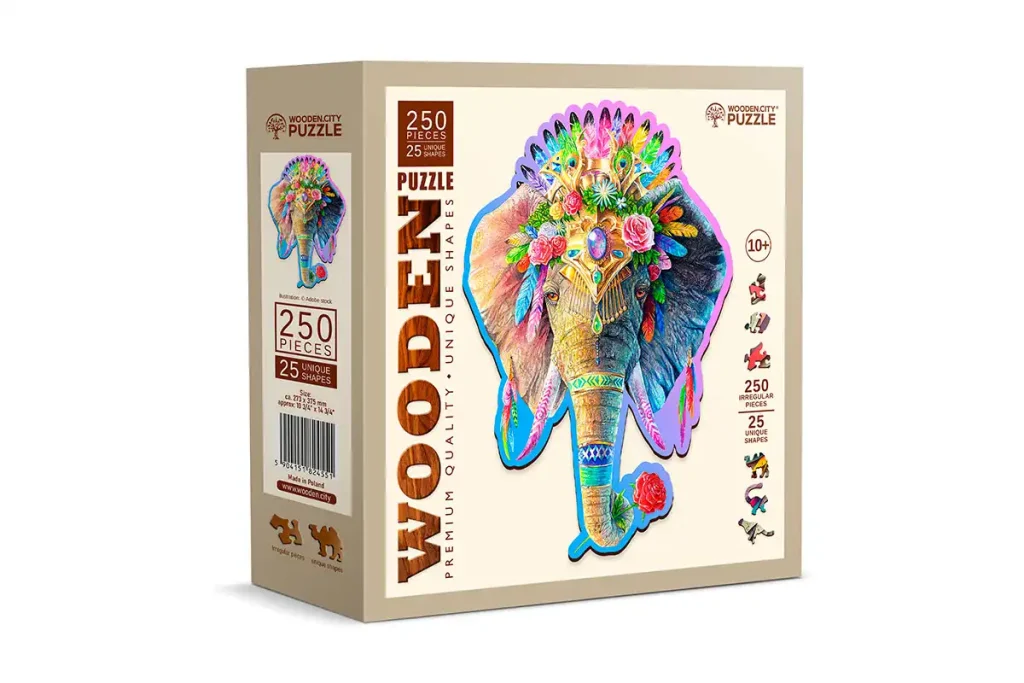 Drewniane puzzle w kształcie zwierząt 250 Elegancki Słoń opis 1