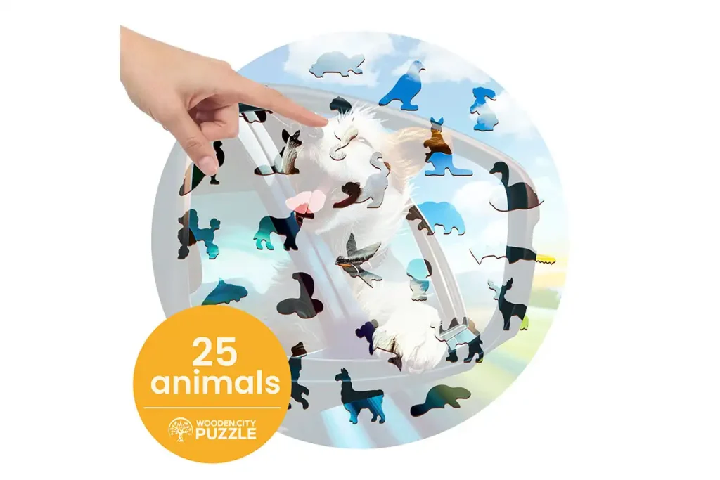 Drewniane puzzle w kształcie zwierząt 250 Szczesliwy Pies Opis 3