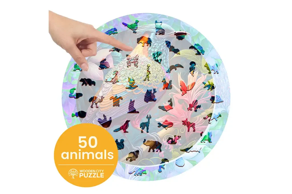 Drewniane puzzle w kształcie zwierząt 500 Kolorowy Ptak opis 3