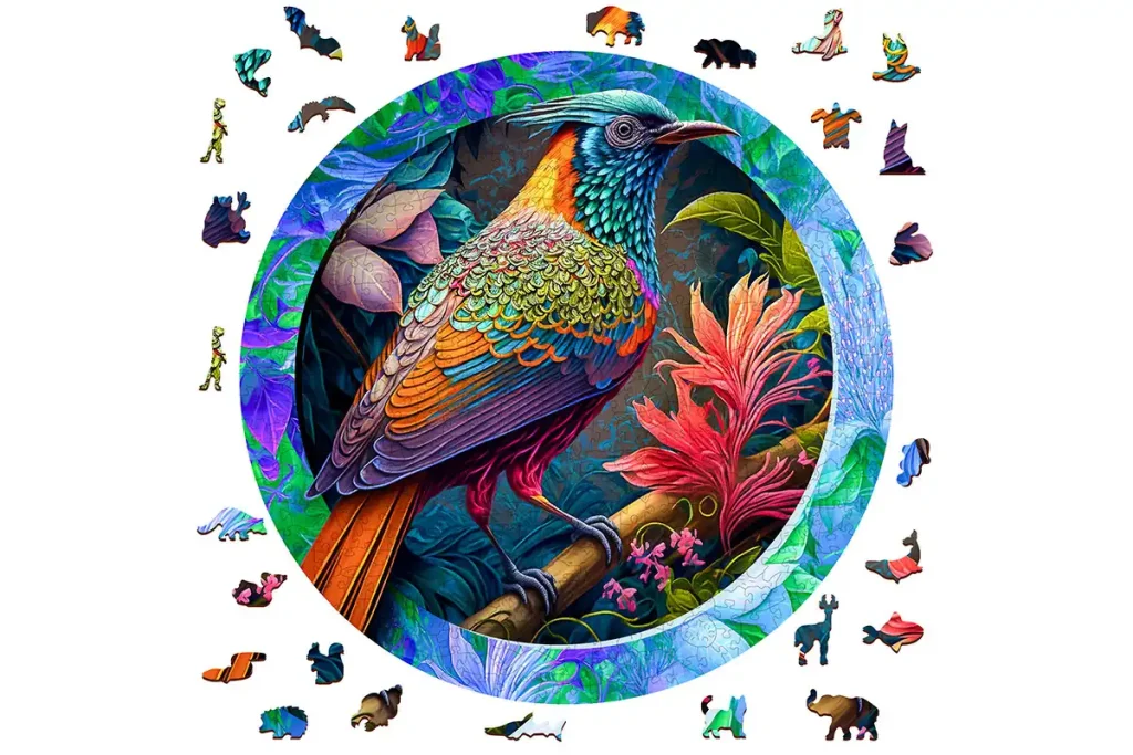 Drewniane puzzle w kształcie zwierząt 500 Kolorowy Ptak opis 2