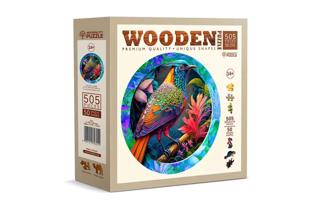 Drewniane puzzle w kształcie zwierząt 500 Kolorowy Ptak opis 1