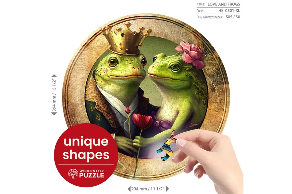 Drewniane puzzle w kształcie zwierząt 500 Miłość i Żabki opis 5