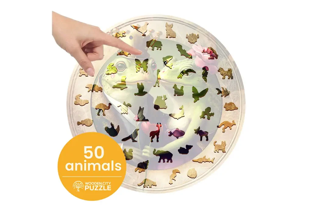 Drewniane puzzle w kształcie zwierząt 500 Miłość i Żabki opis 4