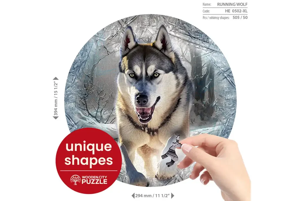 Drewniane puzzle w kształcie zwierząt 500 Biegnący Wilk opis 1