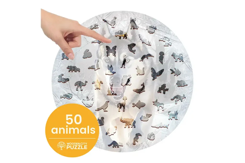 Drewniane puzzle w kształcie zwierząt 500 Biegnący Wilk opis 3