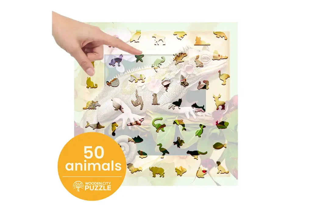 Drewniane puzzle w kształcie zwierząt 500 Kameleon i Kwiaty opis 3