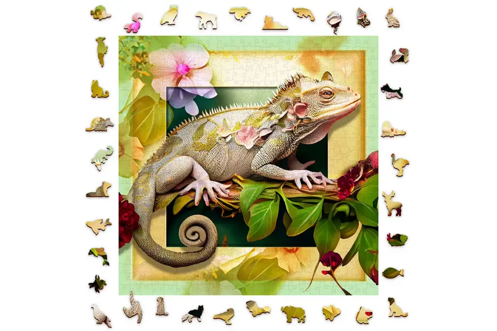 Drewniane puzzle w kształcie zwierząt 500 Kameleon i Kwiaty opis 1
