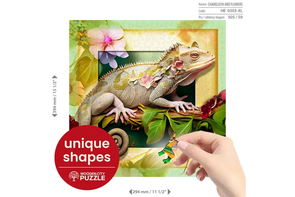 Drewniane puzzle w kształcie zwierząt 500 Kameleon i Kwiaty opis 5
