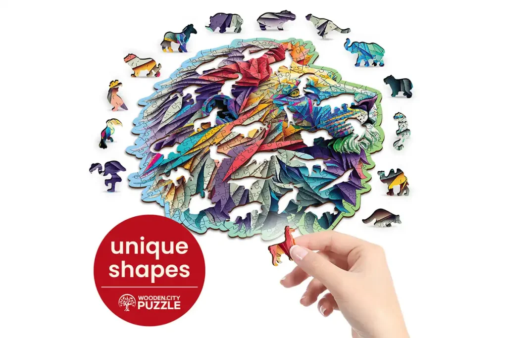 Drewniane puzzle w kształcie zwierząt 250 Nowoczesny Lew Opis 2