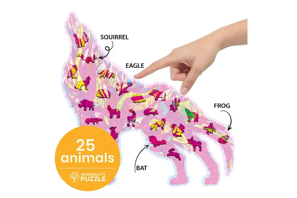 Drewniane puzzle w kształcie zwierząt 250 Wilk Wyjący opis 3