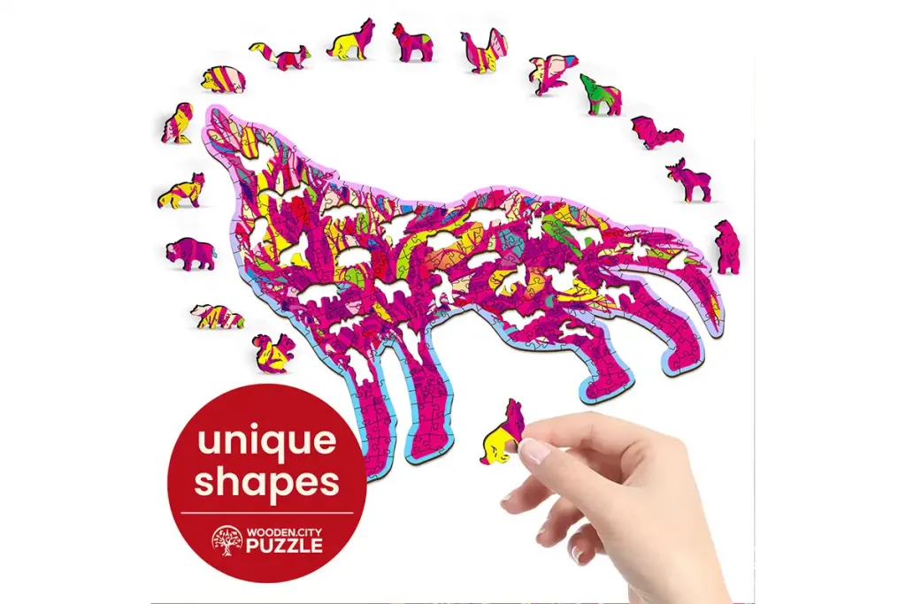 Drewniane puzzle w kształcie zwierząt 250 Wilk Wyjący opis 4