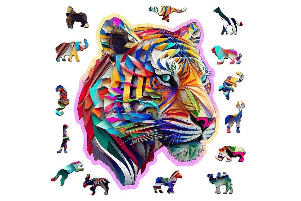 Drewniane puzzle w kształcie zwierząt 150 Kolorowy Tygrys opis 1