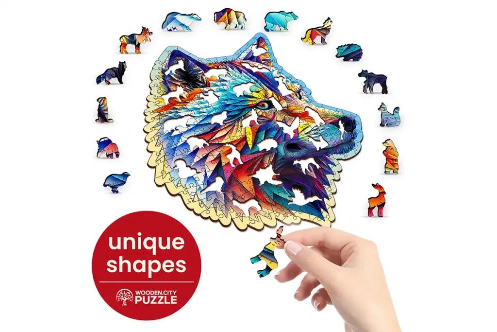 Drewniane puzzle w kształcie zwierząt 250 Elegancki Wilk Opis 2