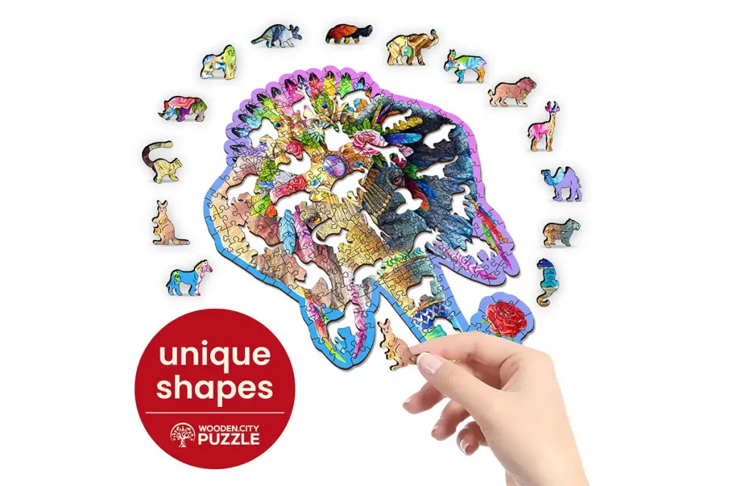 Drewniane puzzle w kształcie zwierząt 250 Elegancki Słoń opis 4