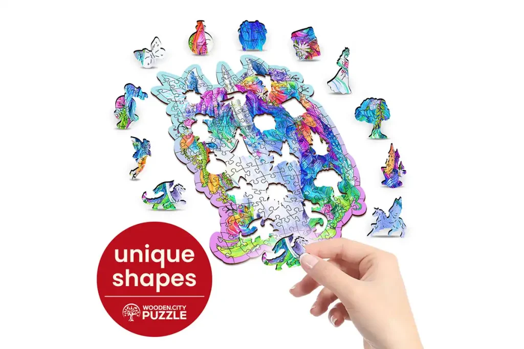 Drewniane puzzle w kształcie zwierząt 150 Stylowy Jednorozec opis 1