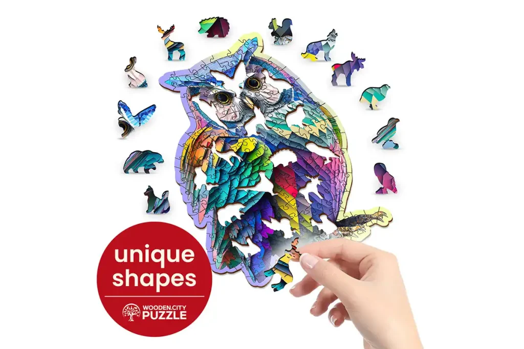 Drewniane puzzle w kształcie zwierząt 150 Modna Sowa opis 1