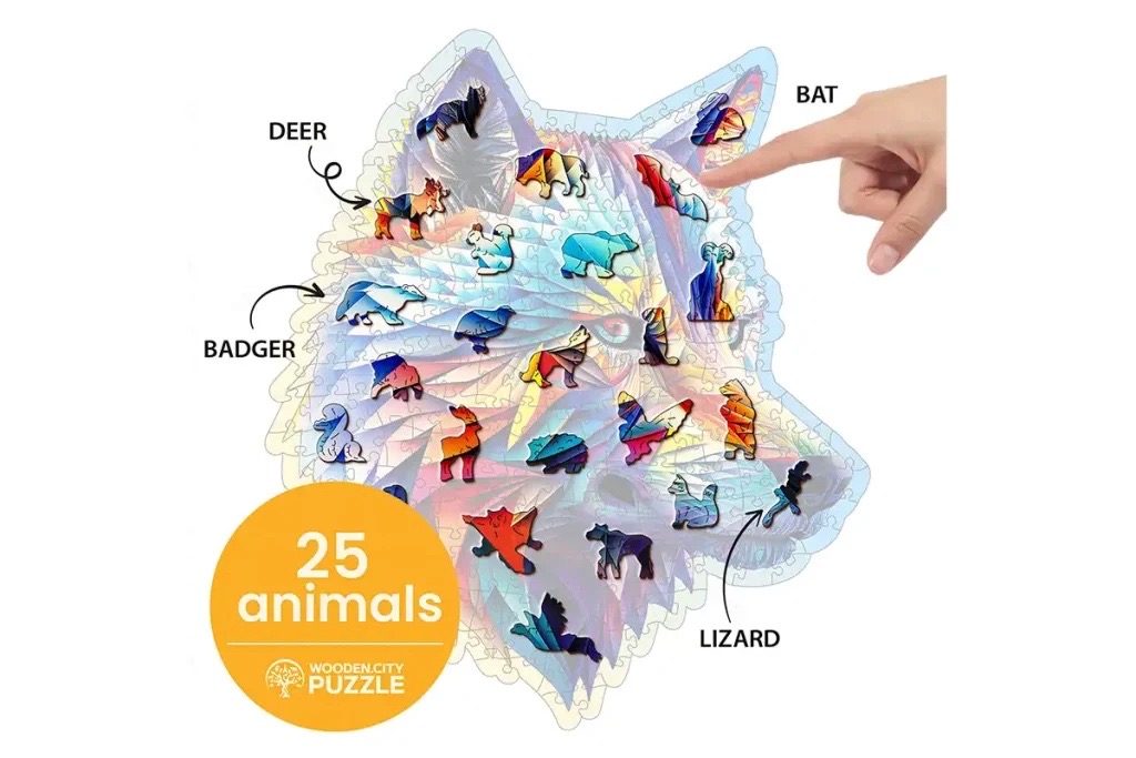 Drewniane puzzle w kształcie zwierząt 250 Elegancki Wilk opis 4