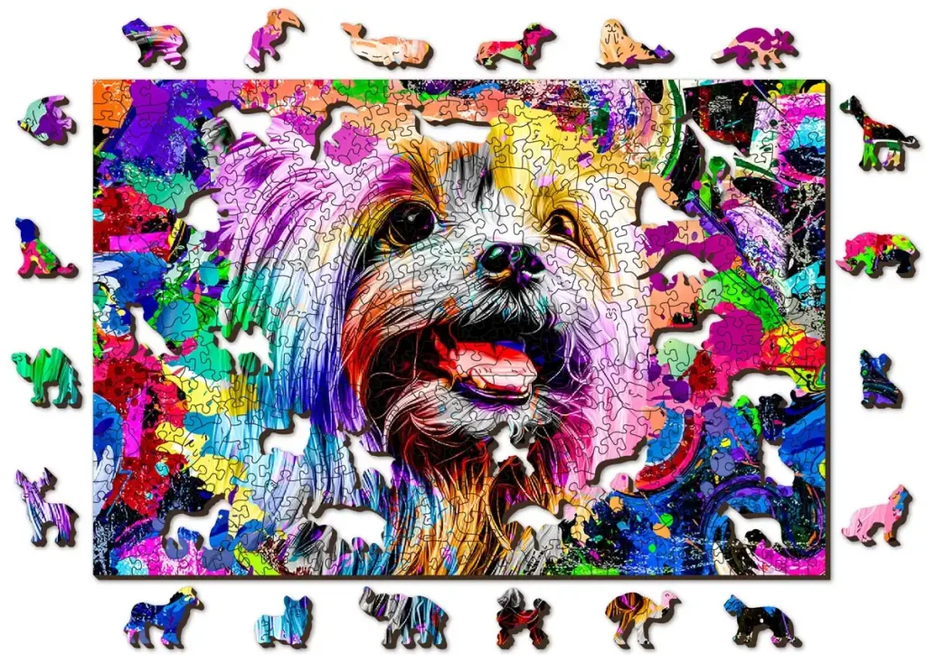 Drewniane puzzle w kształcie zwierząt 500 pop art yorkshire terrier opis 1