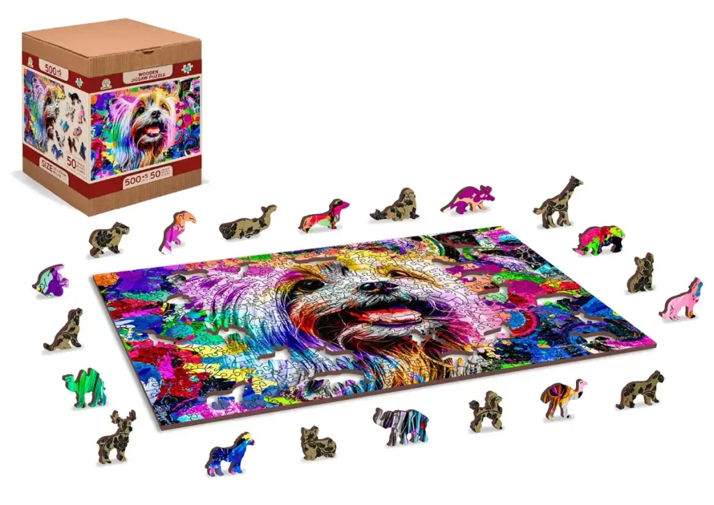 Drewniane puzzle w kształcie zwierząt 500 pop art yorkshire terrier opis 2