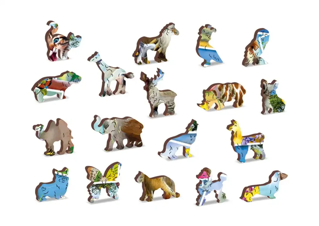 Drewniane puzzle w kształcie zwierząt 1000 Pocztowki Zwierzeta Opis 4