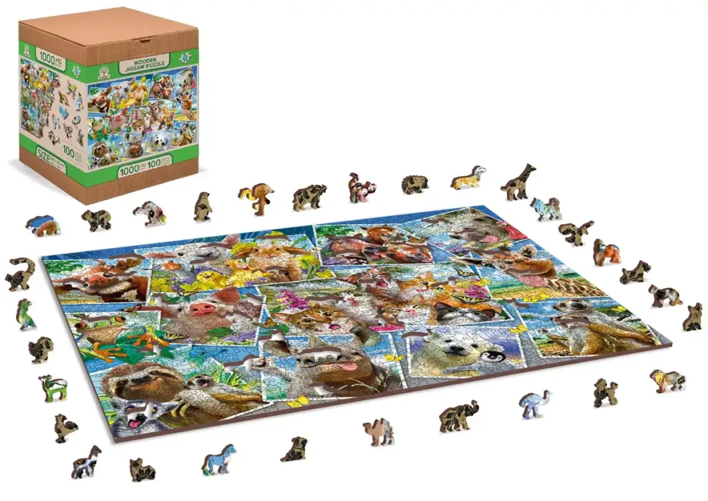 Drewniane puzzle w kształcie zwierząt 1000 Pocztowki Zwierzeta Opis 2