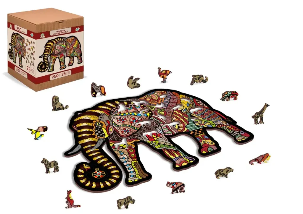 Drewniane puzzle w kształcie zwierząt 250 Magiczny Słoń Opis 5