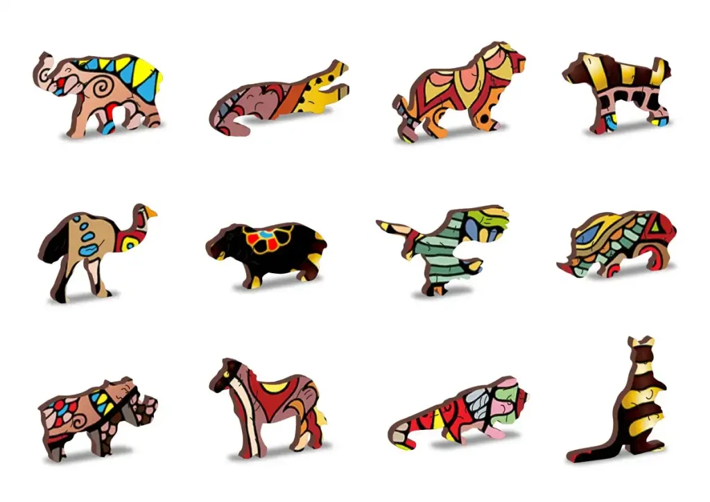 Drewniane puzzle w kształcie zwierząt 150 Magiczny Słoń Opis 3