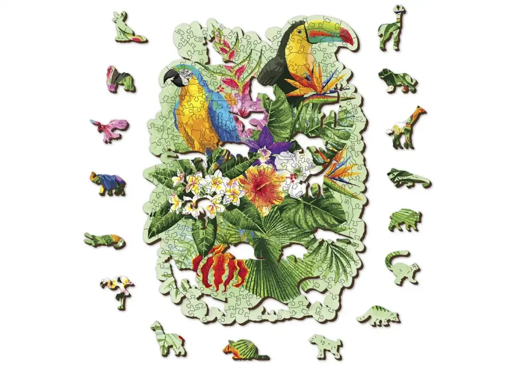 Drewniane puzzle w kształcie zwierząt 300 Tropikalne Ptaki Opis 7