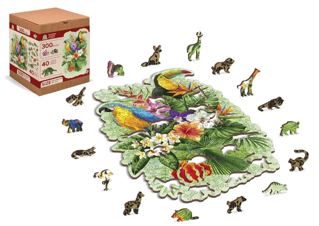 Drewniane puzzle w kształcie zwierząt 300 Tropikalne Ptaki Opis 6