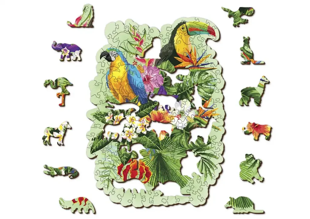 Drewniane puzzle w kształcie zwierząt 160 Tropikalne Ptaki Opis 7