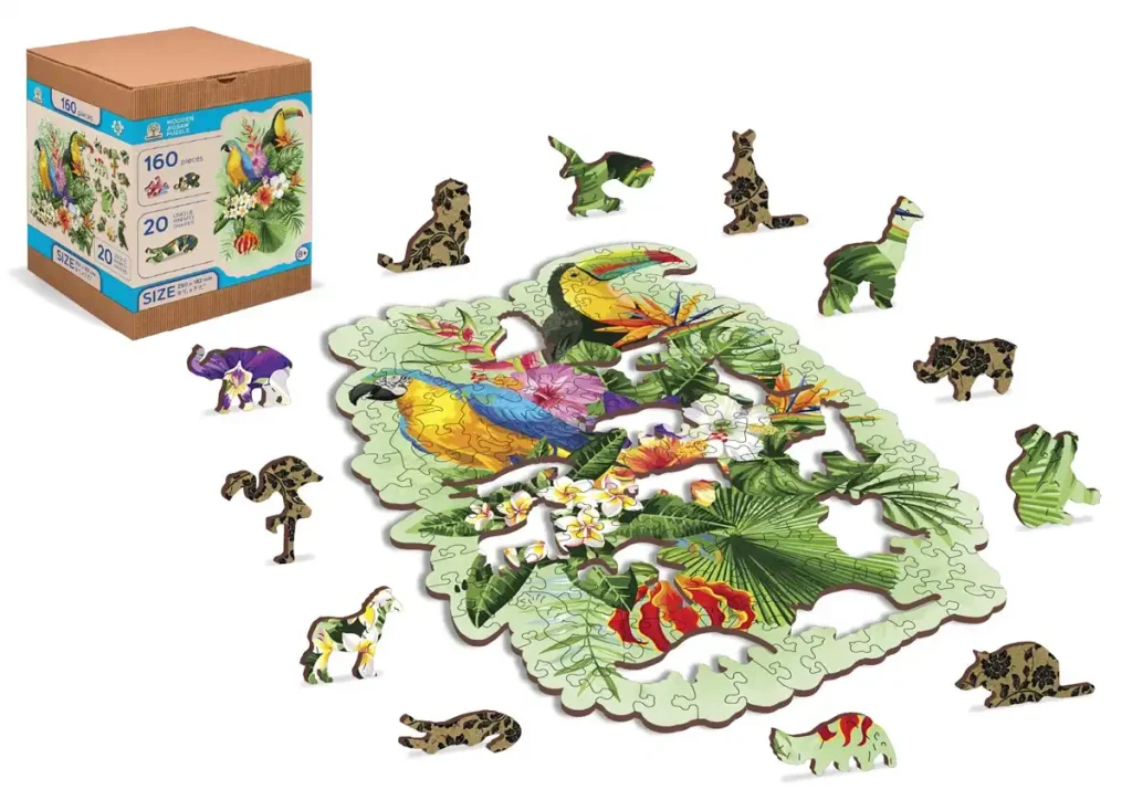 Drewniane puzzle w kształcie zwierząt 160 Tropikalne Ptaki Opis 5