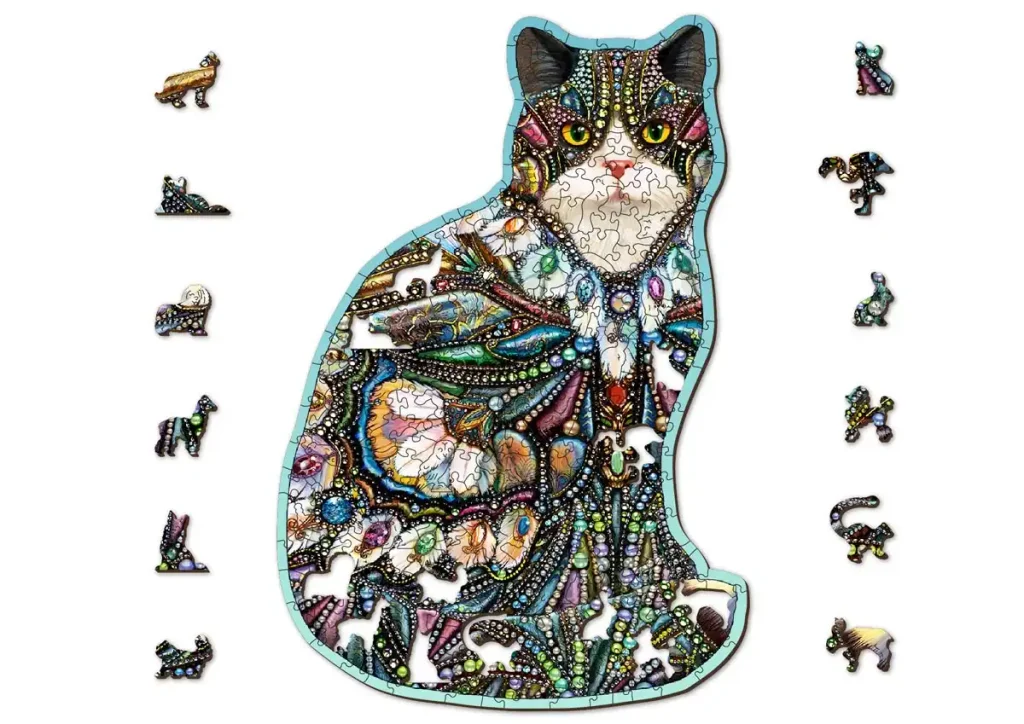 Drewniane puzzle w kształcie zwierząt 250 The Jeweled Cat opis 1
