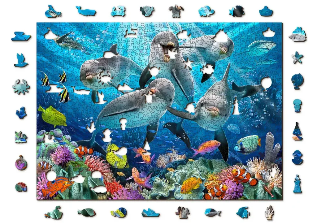 Drewniane puzzle w kształcie zwierząt 1000 Delfiny Opis 8