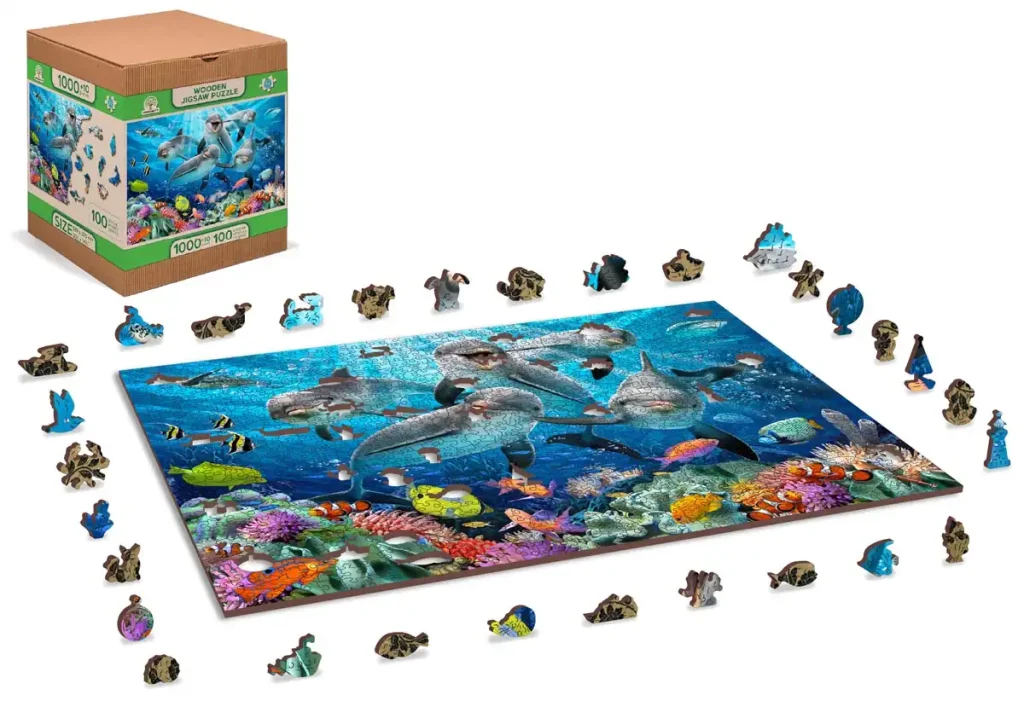 Drewniane puzzle w kształcie zwierząt 1000 Delfiny Opis 2