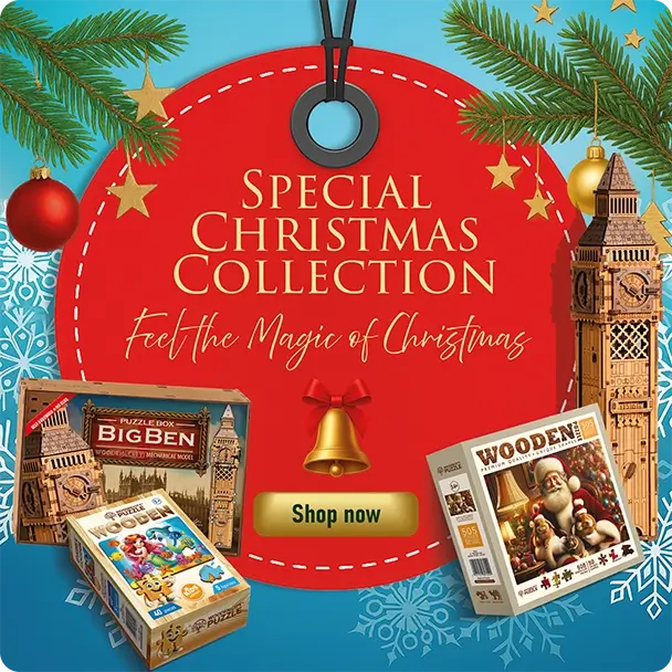 3D wooden model and wooden puzzle Merry Christmas banner