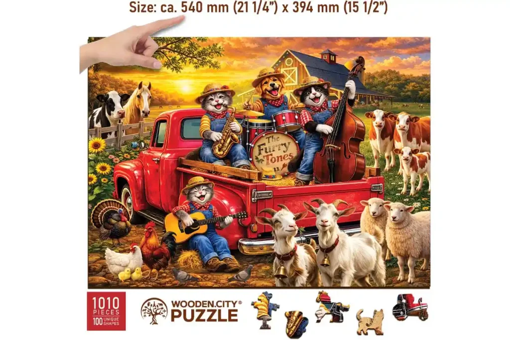 Wooden Puzzle 1000 Cat Band on the Farm Opis 3