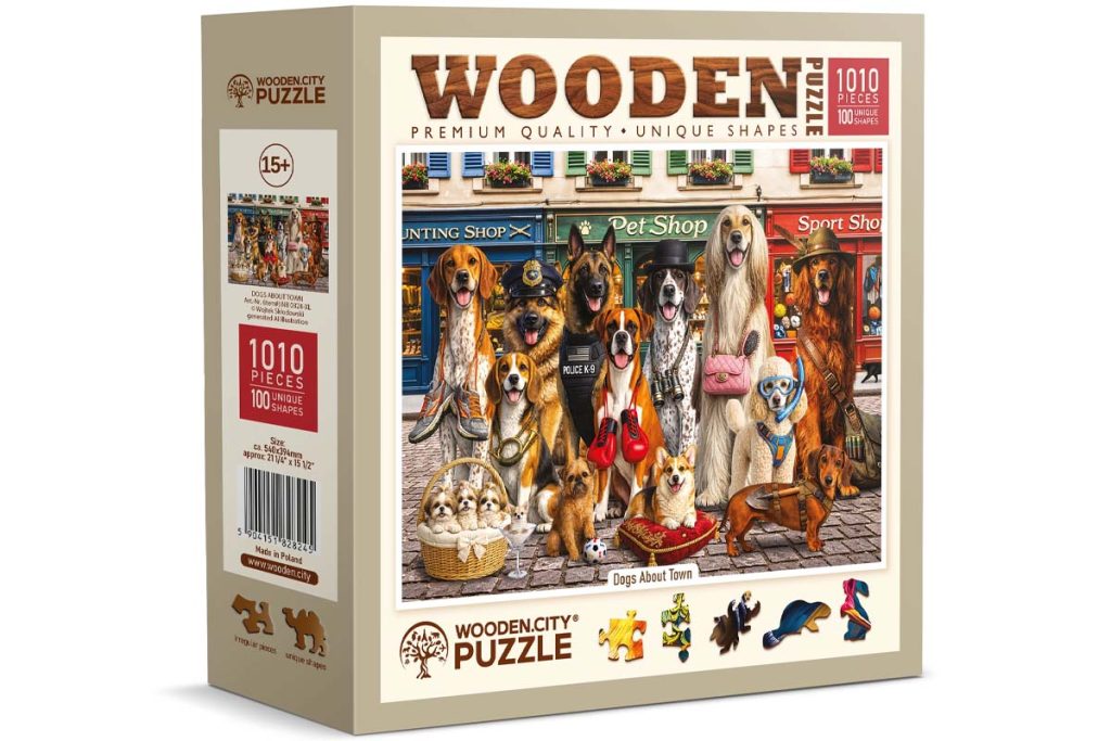Wooden Puzzle 1000 Dogs About Town Opis 3